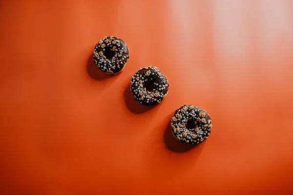 Top View Freshly Baked Donuts Glazed Chocolate Decorated Tiny Jack — Stock Photo, Image
