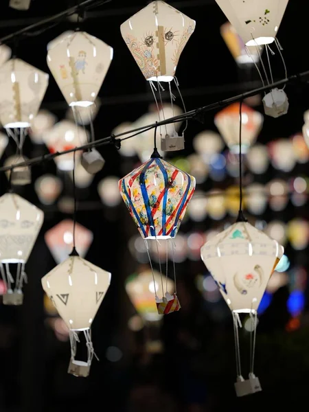 Vertical Shot Decorative Hot Air Balloon Lanterns Illuminated Night — Stock Photo, Image