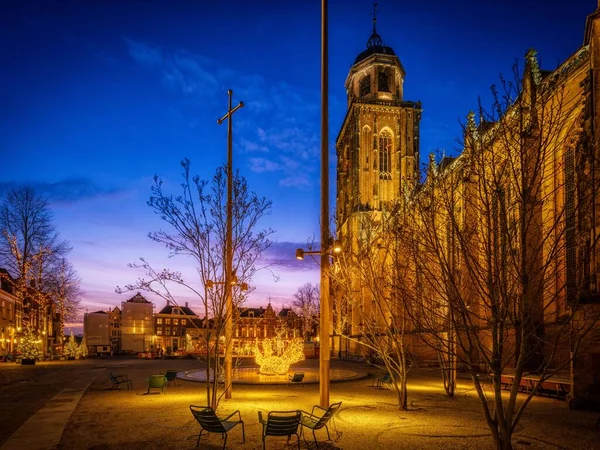 Beautiful View Lights Old Church Square Deventer Nightfall Time Netherlands — Stock Photo, Image