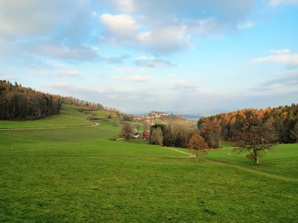 Schöne Aussicht Auf Felder Und Die Dahinter Liegende Burg Regensberg — Stockfoto