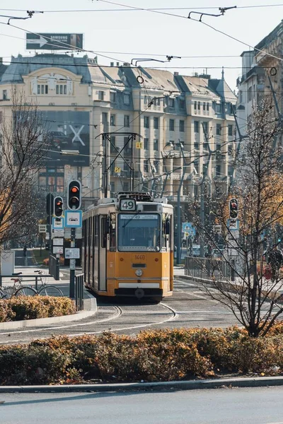 People Crossing Street Tram Station Yellow Tram Budapest Hungary — Stock Photo, Image