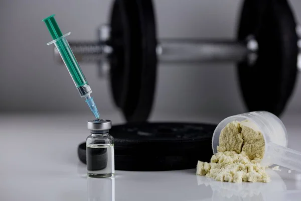 Syringe Injected Vial Steroids Whey Powder Dumbbell Illegal Doping Concept — Stock Photo, Image