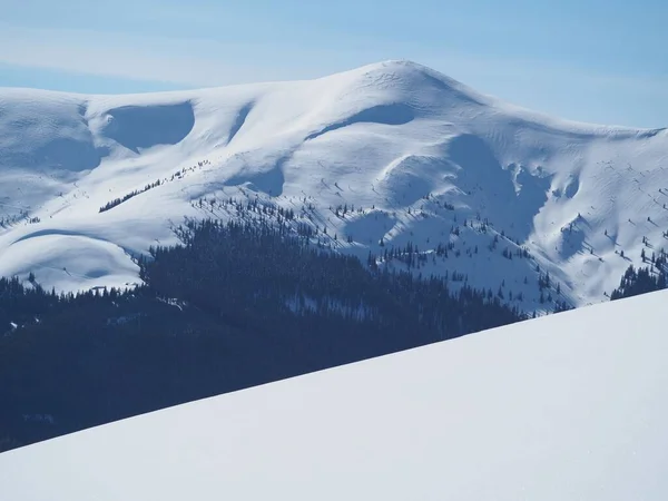Вид Засніжені Гірські Схили Перед Блакитним Небом Зимовий День — стокове фото