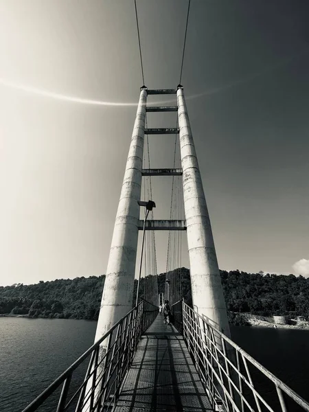 Μια Γέφυρα Πάνω Από Λίμνη Που Περιβάλλεται Από Πυκνά Δέντρα — Φωτογραφία Αρχείου