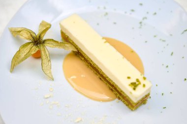 Yuzu ffruit 'le cheesecake' in yakın çekimi.