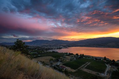 Günbatımında Okanagan Gölü ve Narata Bench üzüm bağlarının manzarası