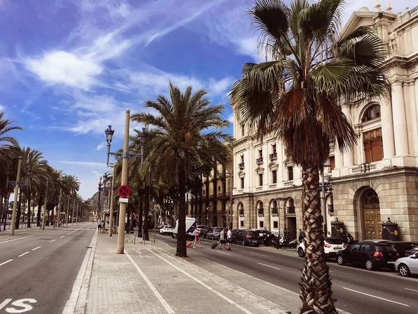 Widok Pałac Kapitana Generalnego Barcelonie Palmy Dzielące Pasy Ruchu — Zdjęcie stockowe
