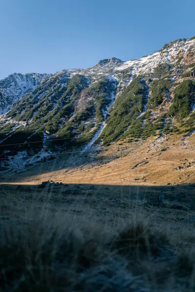 頂上に雪が積もる美しい緑の丘の中腹 垂直ショット — ストック写真