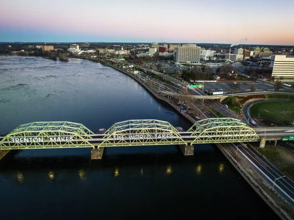 Drone Shot Suspension Bridge River Sunrise Trenton Cityscape Background New — Stock Photo, Image