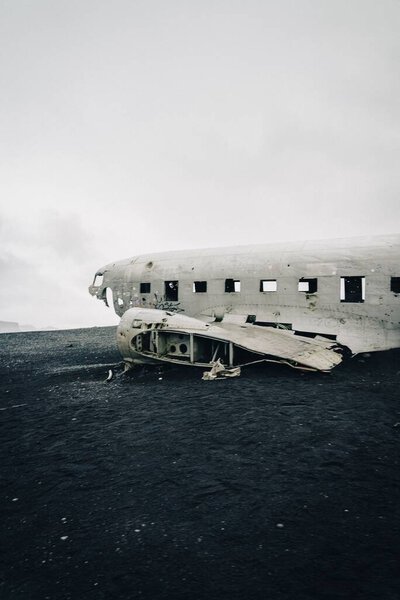 A vertical shot of the wrecked plane in Solheimasandur, Iceland.