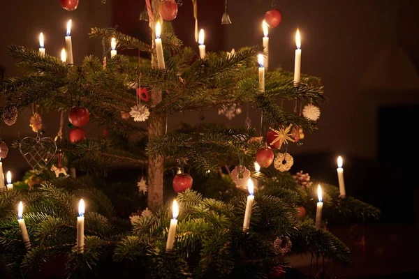Closeup Scandinavian Style Christmas Tree Decorated Candles Fruits — Stock Photo, Image
