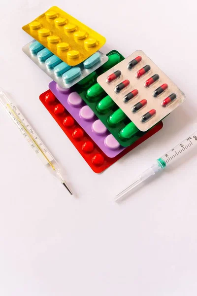 Various Medical Equipment Thermometer Ampoules Pipette Drugs Tablets Capsules Spray — Stock Photo, Image