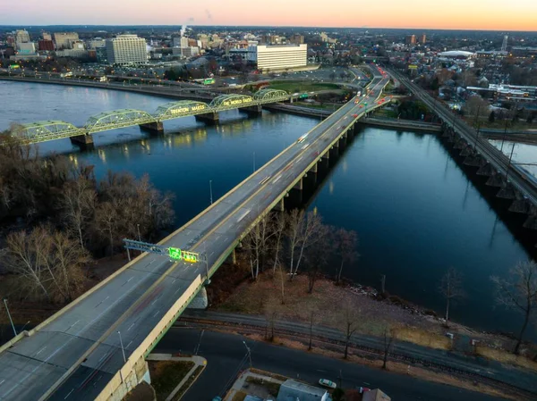 Drone Shot Bridges River Sunrise Trenton Cityscape Background New Jersey — Stock Photo, Image