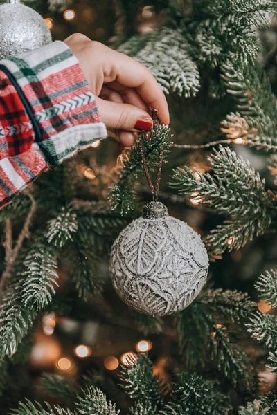Close Photo Woman Decorating Christmas Tree Silver Bauble — Stock Photo, Image