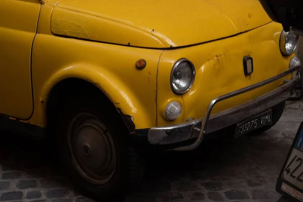 Part Old Vintage Yellow Fiat Car Parked Streets Rome — стоковое фото