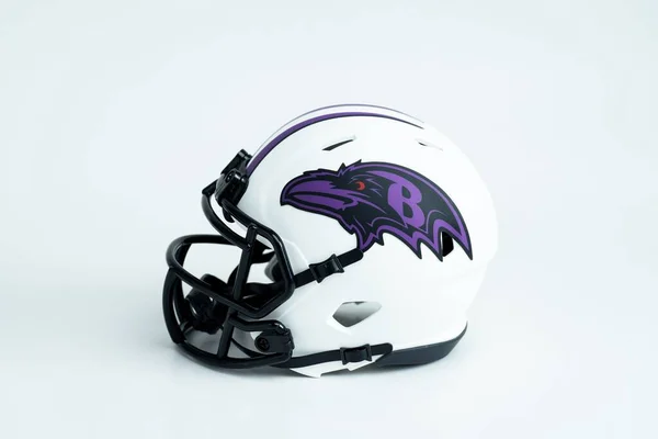 stock image MONTERREY, NL, MEXICO - September 26, 2022 - Baltimore Ravens NFL team helmet on a light background.