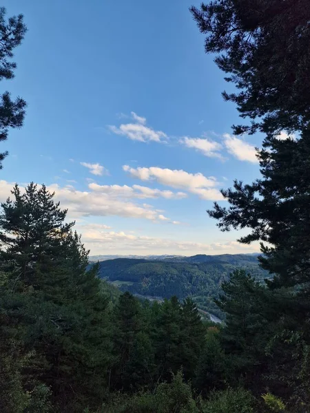 Una Bella Vista Sulle Verdi Colline Boscose Contro Cielo Blu — Foto Stock