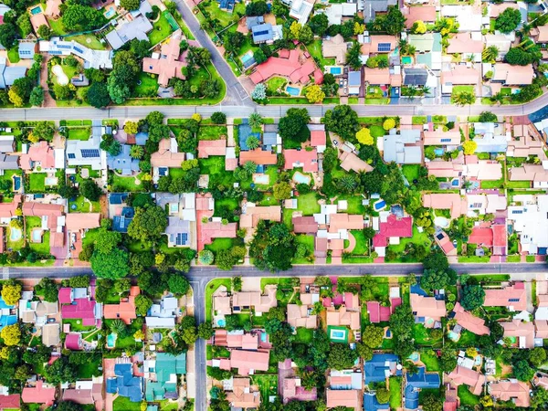 Aerial Top View Beautiful Neighborhood Colorful Houses Evergreen Trees — Stock Photo, Image