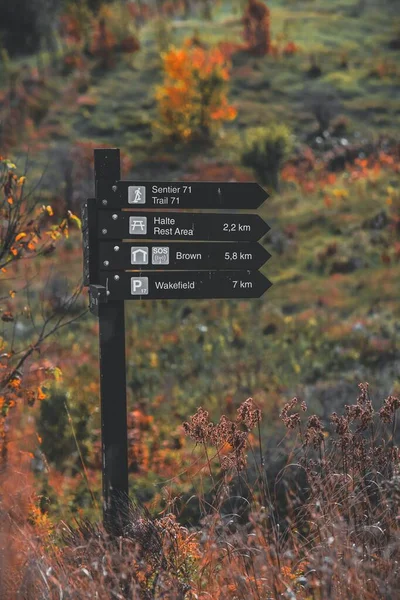 Vertical Sign Post Distances Locations Hiking Trail Fall Colors — Stock Photo, Image