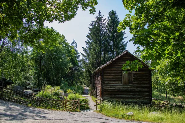 Ein Kleines Holzhaus Saftig Grüner Landschaft Einem Sonnigen Tag Schweden — Stockfoto