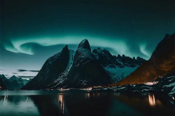 Kuzey Işıkları Nda Gece Vakti Etrafı Kayalar Sularla Çevrili Bir — Stok fotoğraf
