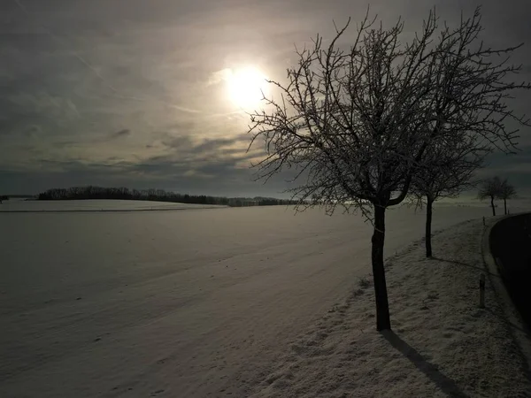 Scenic View Winter Landscape Rural Area Sun Shining Cloudy Sky — Stock Photo, Image