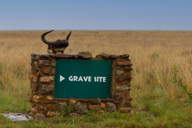 Afrika 'da bir doğa koruma alanında yol tabelasındaki bir Afrika antilobunun kafatası.