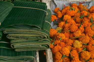 Luang Prab 'da budist adakları olan salkım ya da jedi şeklinde Ton dauk dao heuang ya da kadife çiçekleri yapmak için muz yaprakları ve çiçekler.