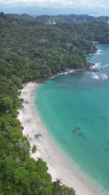 Mavi bulutlu gökyüzünün altında yeşillikle kaplı kayalık bir sahilin dikey drone görüntüsü.