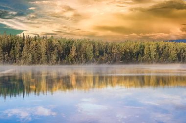 Kanada 'da Yukon, Tombstone parkının sonbaharında vahşi manzara, gündoğumunda göldeki ağaçların yansıması.