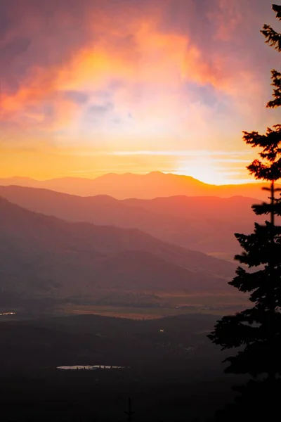 Een Luchtfoto Van Berglandschap Met Dichte Bomen Bij Zonsondergang — Stockfoto