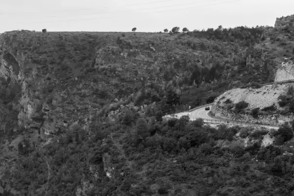 stock image An aerial grayscale view of a mountainside covered with trees