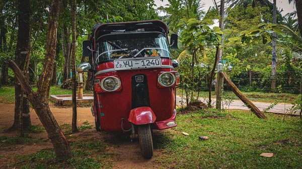 Auto Rickshaw Rojo Tuktuk Estacionado Jardín Verde Sri Lanka —  Fotos de Stock