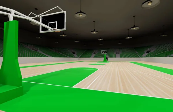 緑の座席と傍観者ときちんとした空のバスケットボールコート — ストック写真