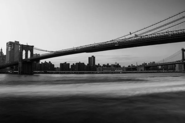 布鲁克林大桥和城市天际线的灰度尺度 — 图库照片