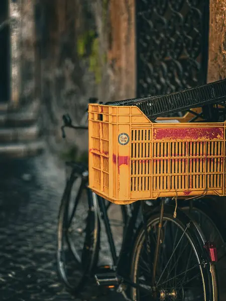 Una Vertical Una Cesta Vacía Para Verduras Mercancías Una Bicicleta —  Fotos de Stock