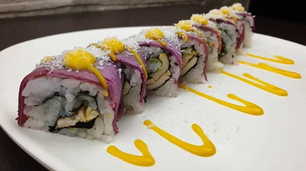 Closeup Sumptuous Serving Sushi Rolls Served Japanese Restaurant — Stock Photo, Image