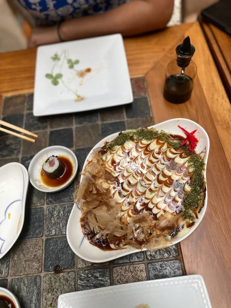 Vertical High Angle View Okonomiyaki Japanese Savory Pancake Dish — Stock Photo, Image