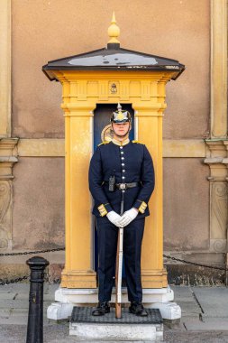 İsveç, Stockholm 'deki Kraliyet Sarayı' nın yanında duran kraliyet muhafızının dikey görüntüsü.