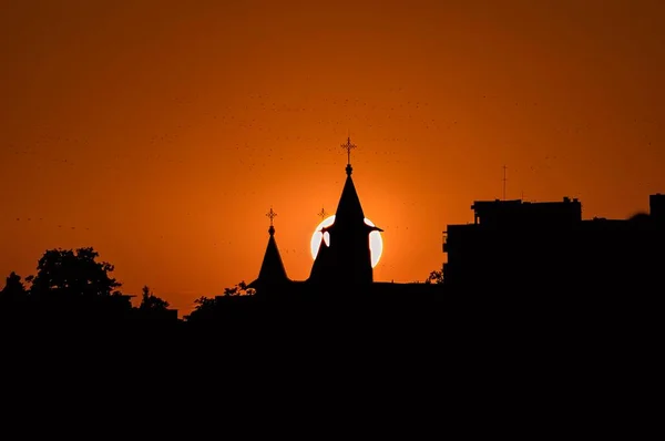 Una Silueta Bucarest Iglesia Los Mártires Puesta Del Sol — Foto de Stock