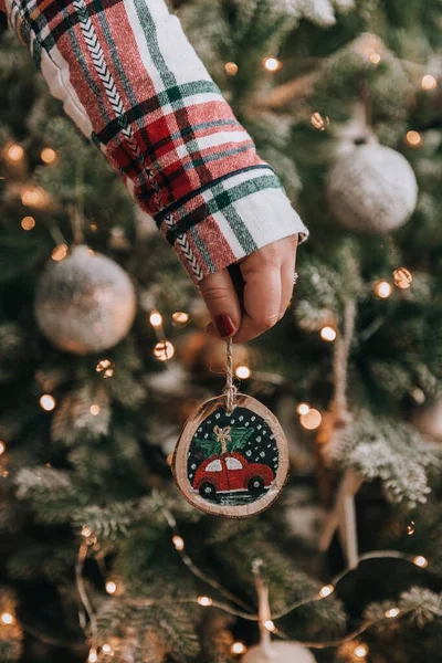 Close Photo Woman Wearing Plaid Pyjamas Holding Diy Christmas Ornament — Stock Photo, Image