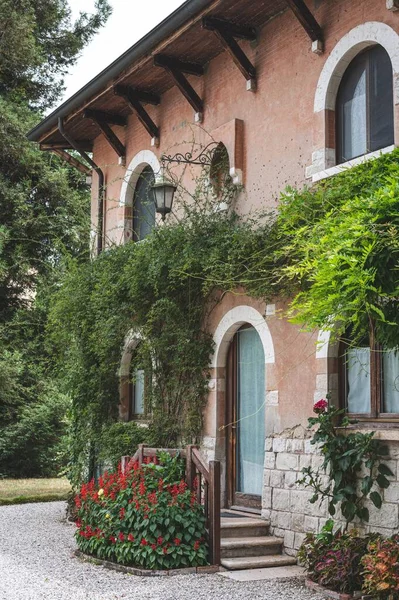 stock image A vertical shot of an old building covered in green plants