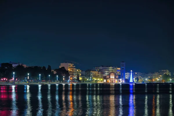 Nachtaufnahme Des Hafens Mit Spiegelung Volos Griechenland — Stockfoto