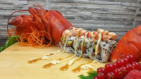 Closeup Sumptuous Serving Lobster Sushi Rolls Served Japanese Restaurant — Stock Photo, Image
