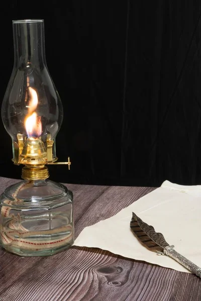 Vertical Closeup Shot Burning Old Antique Hurricane Oil Lamp Quill — Stock Photo, Image