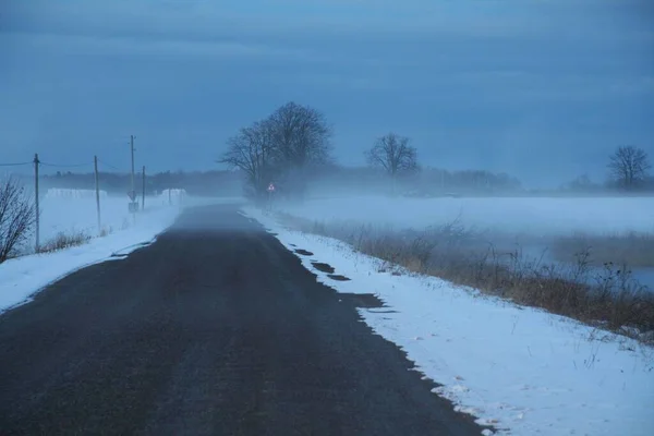 Пустая Дорога Снег Двух Обочинах Дорог Холодный Туманный Зимний День — стоковое фото