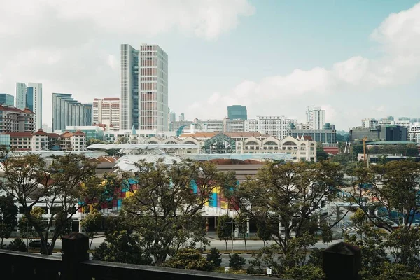 木々の間のシンガポールのダウンタウンの建物の美しい景色 — ストック写真