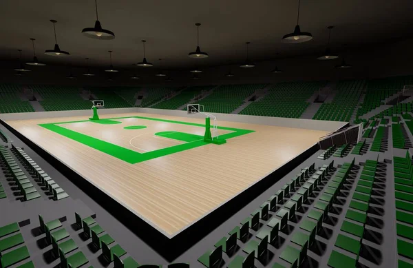 Een Keurig Leeg Basketbalveld Met Groene Stoelen Zijlijn — Stockfoto
