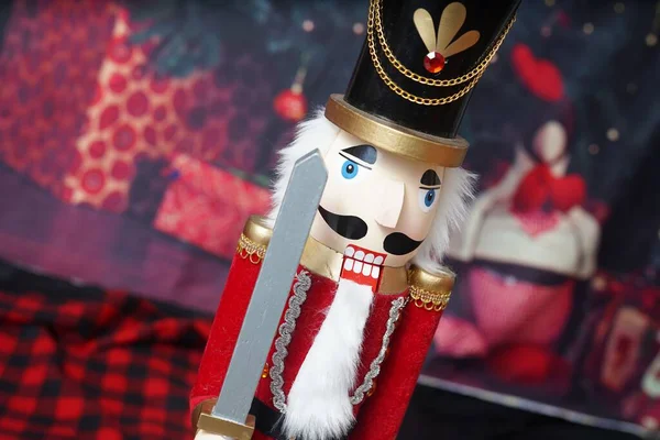 Wooden Christmas Decoration Nutcracker Sword Hat Beard Presents Festive Holiday — Stock Photo, Image