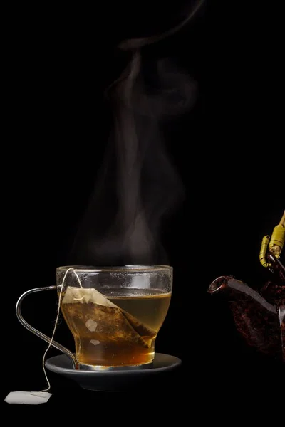 Чашка Чая Керамическим Чайник Изолированы Черном Фоне — стоковое фото